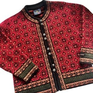 Vintage Skjæveland of Norway Nordic Pattern 100% Wool Cardigan Sweater